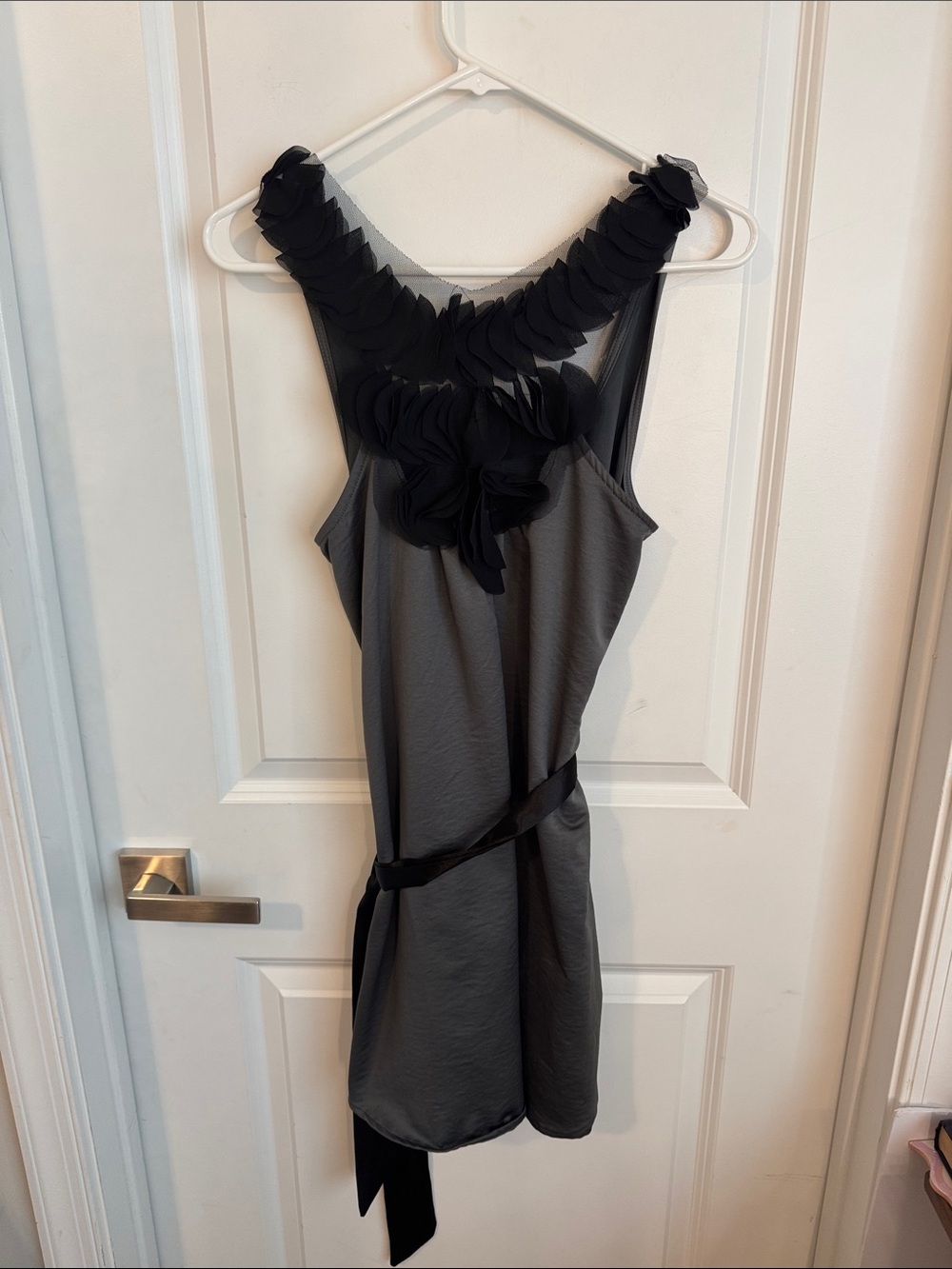 Everly Gray and Black Floral-Trim Midi Dress